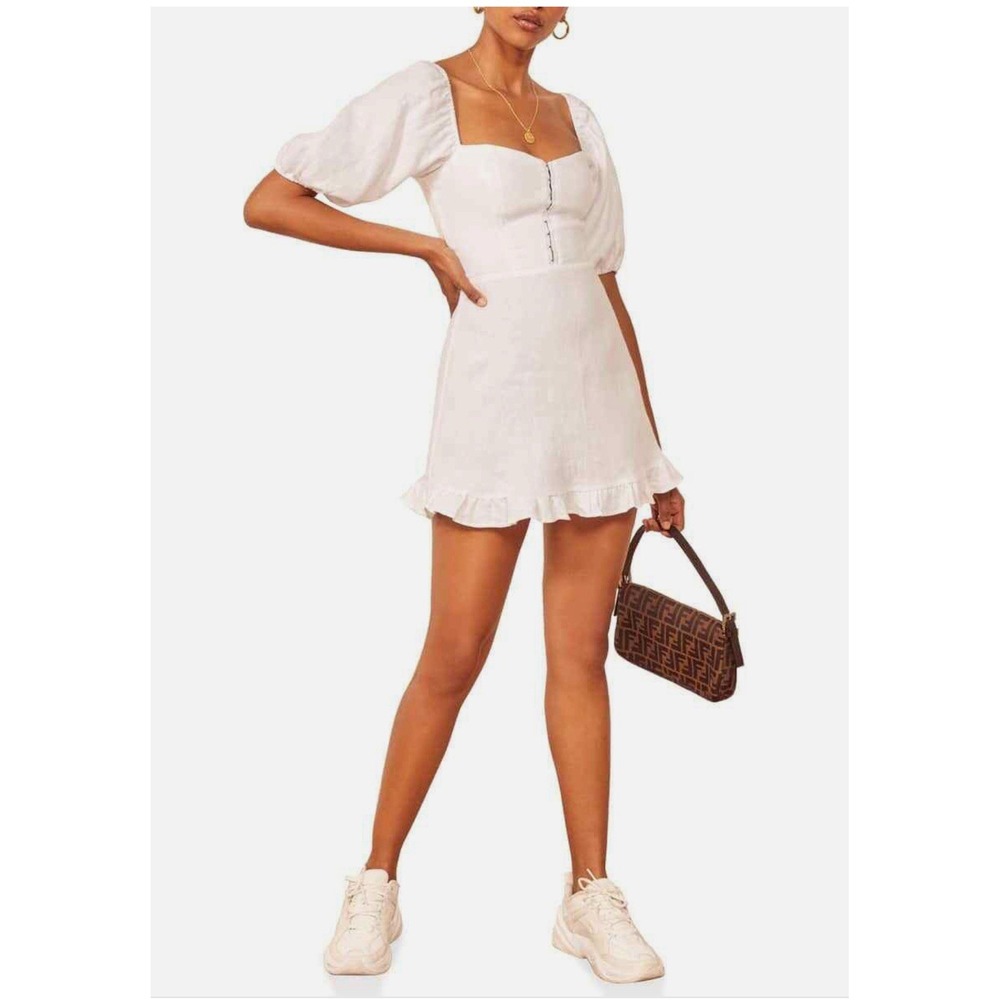 Reformation Puff Sleeve Linen Mini Dress White Womens Size 0 - Picture 3 of 10